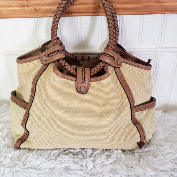 Fossil Womens Satchel Brown Fabric & Leather Braid Handles Key Charm Modern Vtg - Picture 2 of 16